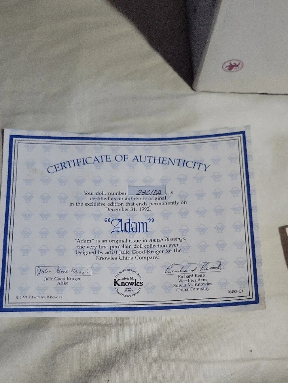 Knowles Blue and White Certificate of Authenticity